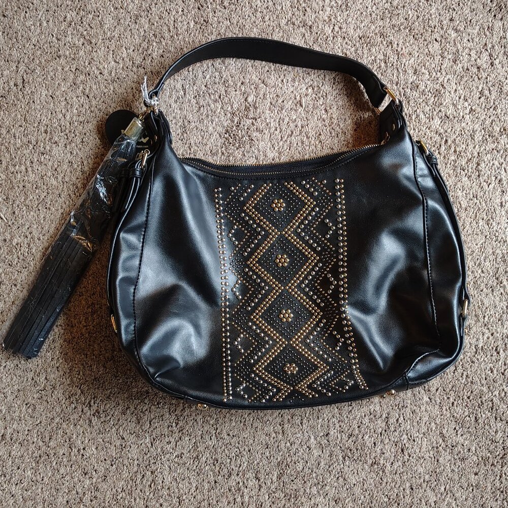 NWT IM Heart Shoulder Bag Black w/ Silver & Gold Stud Geometric Tassel Pockets